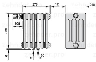 Схема (чертеж) Радиатор Zehnder Charleston 6060/6 №V007 Белый глянцевый RAL 9016
